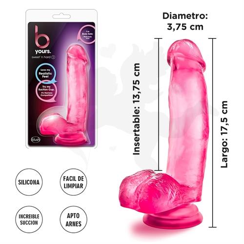 Dildo rosa semi transparente con testiculos y sopapa